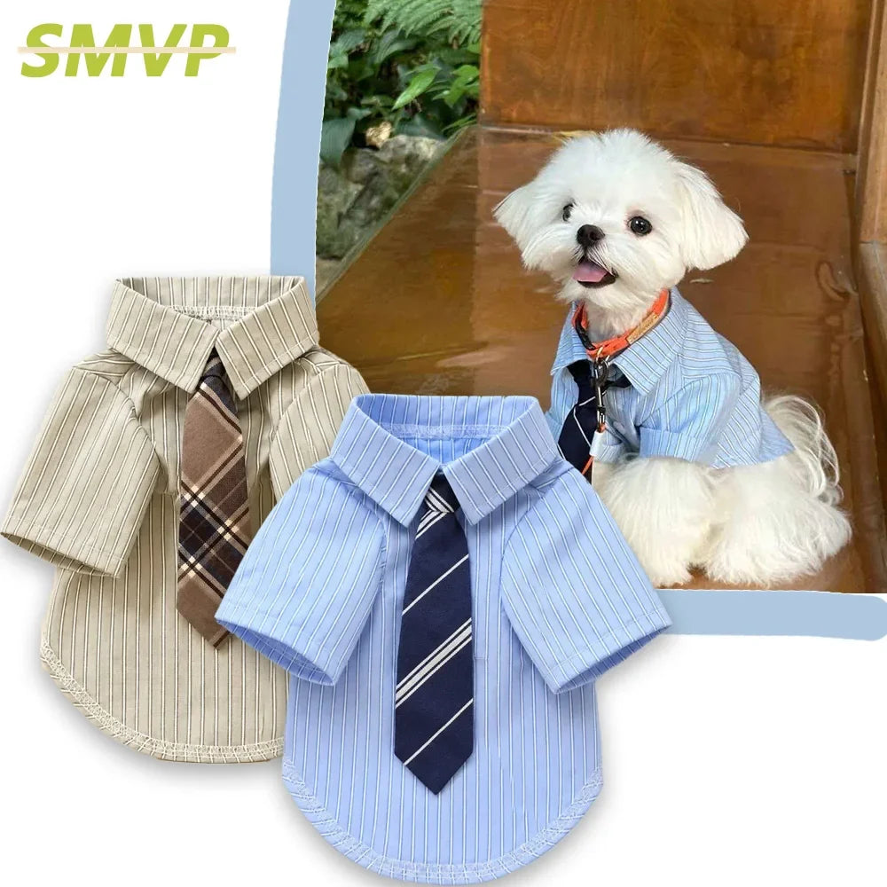 Striped Pet Shirt with Tie Gentleman College Style Soft Pet Blouse Small Medium Dog Cat Clothes Costume for Chihuahua Bichon