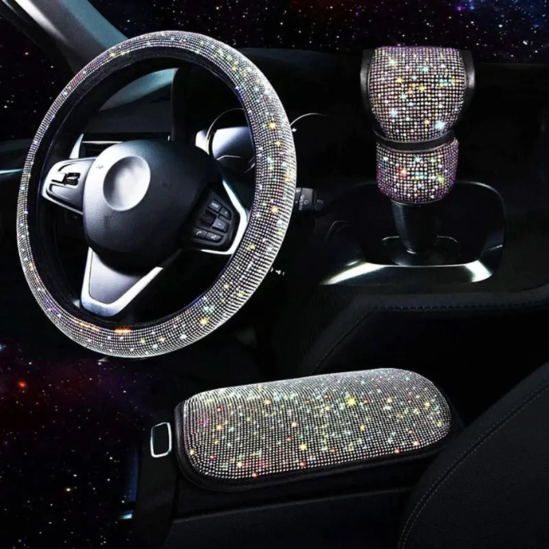 3Pcs Car Accessories Set for Women Steering Wheel Cover Gear Shift Cover Armrest Pad Mat Bling Auto Diamond Decoration Styling