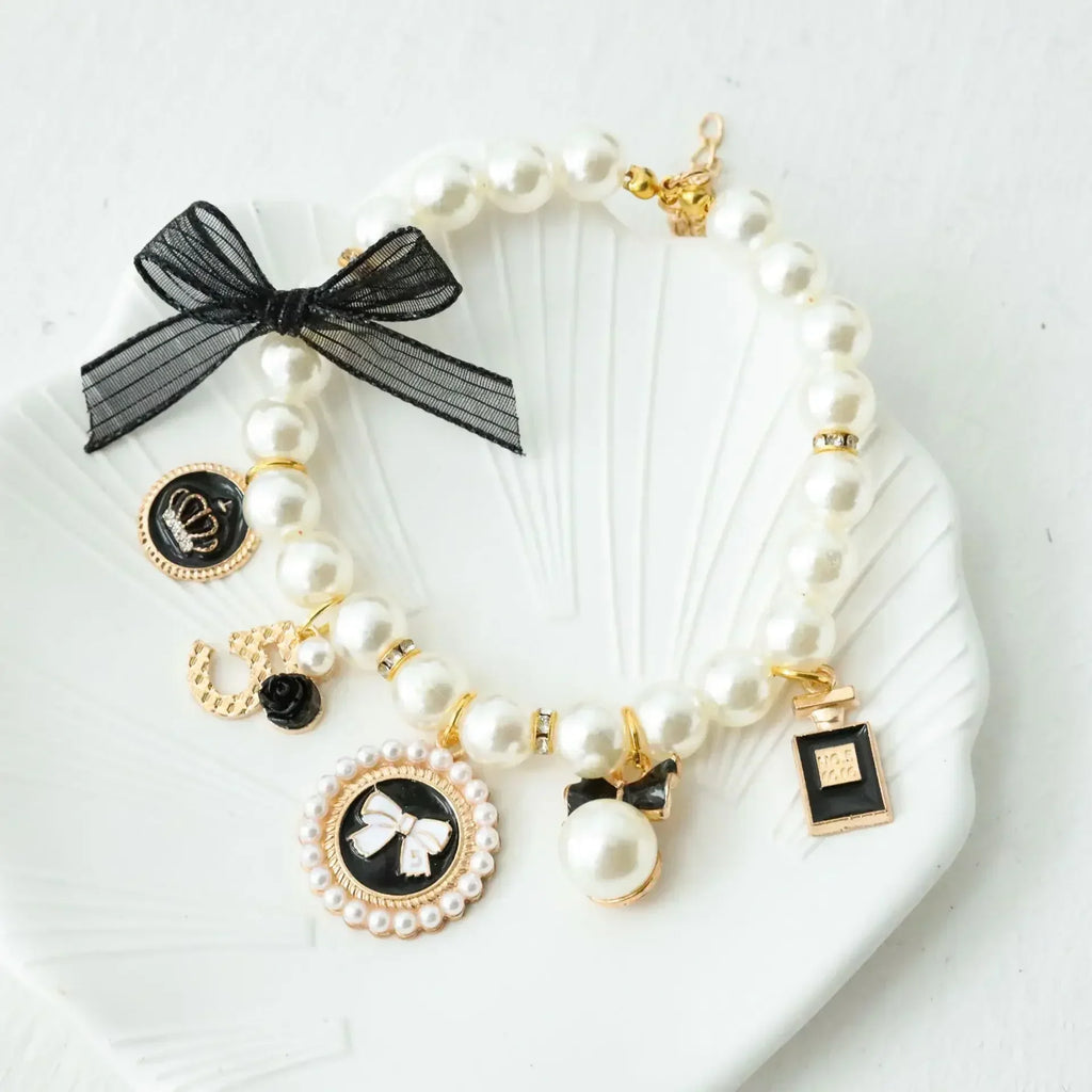 Pet Bow Pearl Collar Cat Jewelry Chihuahua Accessories Pendant Princess Necklace Dog Sweet Decorations Puppy Rhinestone Collar