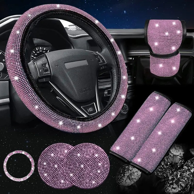 38cm Bling Car Accessories Set for Women, Rhinestone Steering Wheel Cover, Seat Belt Covers, Gear Shift Cover, Diamond Cup Coasters