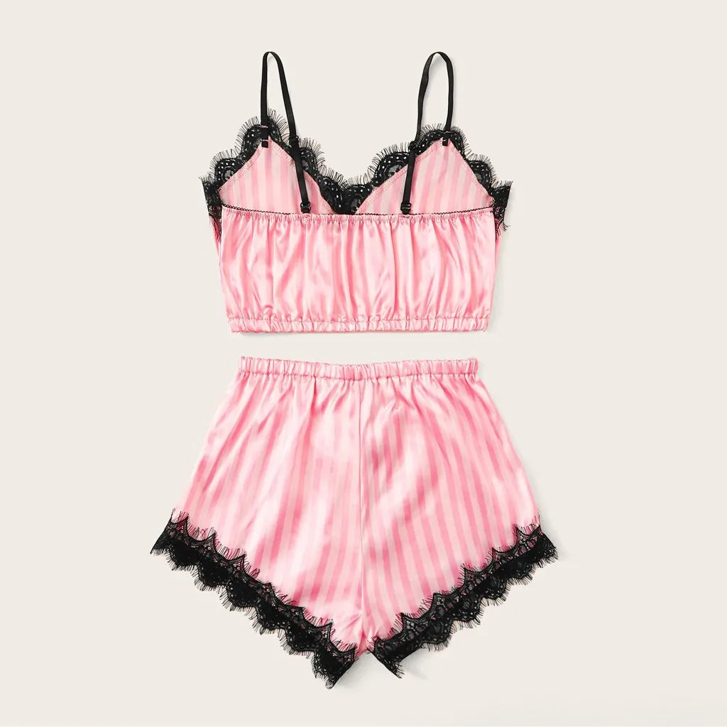 Women's Sexy Lace Satin Silk Pajama Set, Summer Sleeveless V-Neck Sleepwear, Faux Silk Pink Striped Loungewear