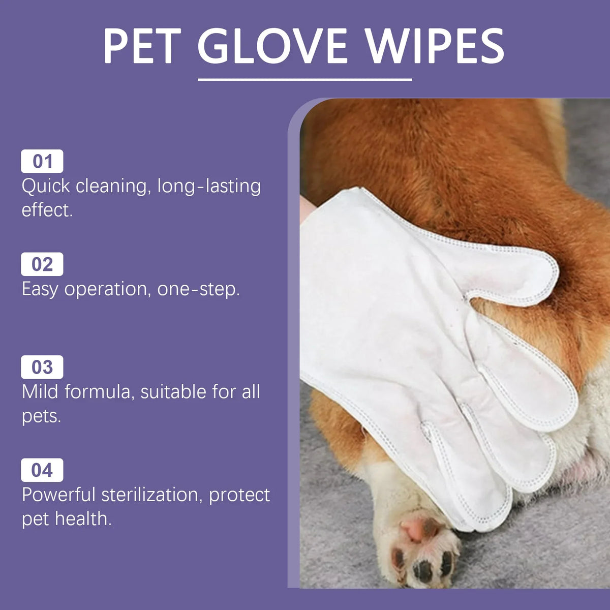 Disposable Pet Glove Wipes, No-Rinse Dirt and Bacteria Removal, Deodorizing, Long-Lasting Clean, Daily Cat and Dog Cleaning and Grooming Gloves