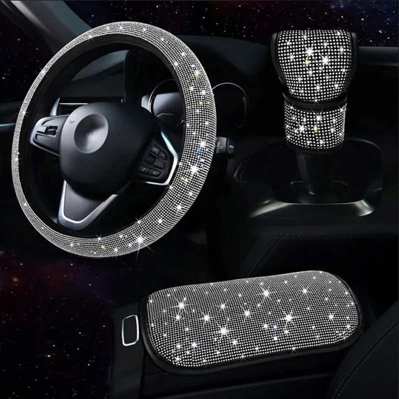 3Pcs Car Accessories Set for Women Steering Wheel Cover Gear Shift Cover Armrest Pad Mat Bling Auto Diamond Decoration Styling