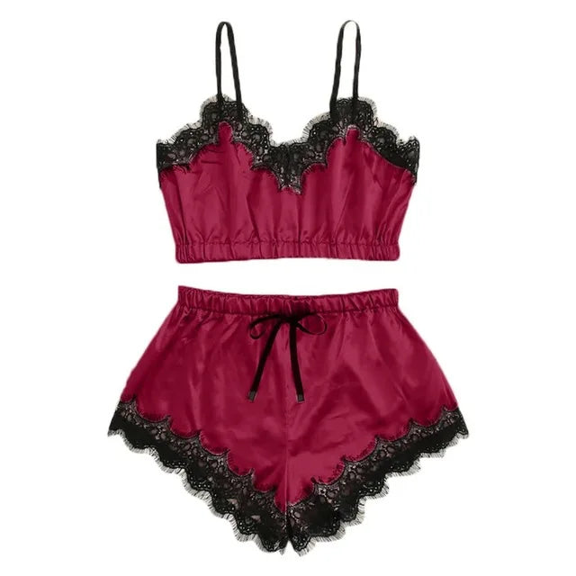Women's Sexy Lace Satin Silk Pajama Set, Summer Sleeveless V-Neck Sleepwear, Faux Silk Pink Striped Loungewear