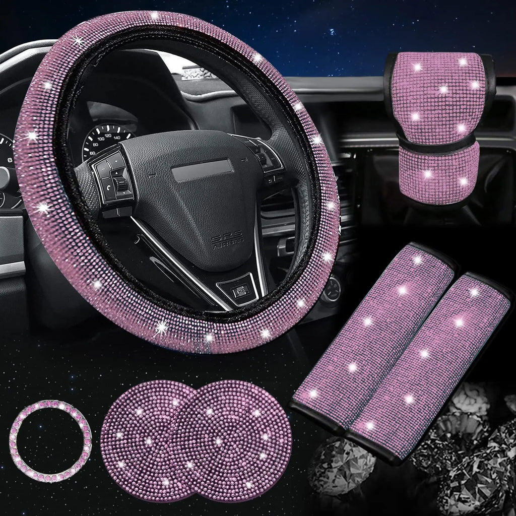 38cm Bling Car Accessories Set for Women, Rhinestone Steering Wheel Cover, Seat Belt Covers, Gear Shift Cover, Diamond Cup Coasters