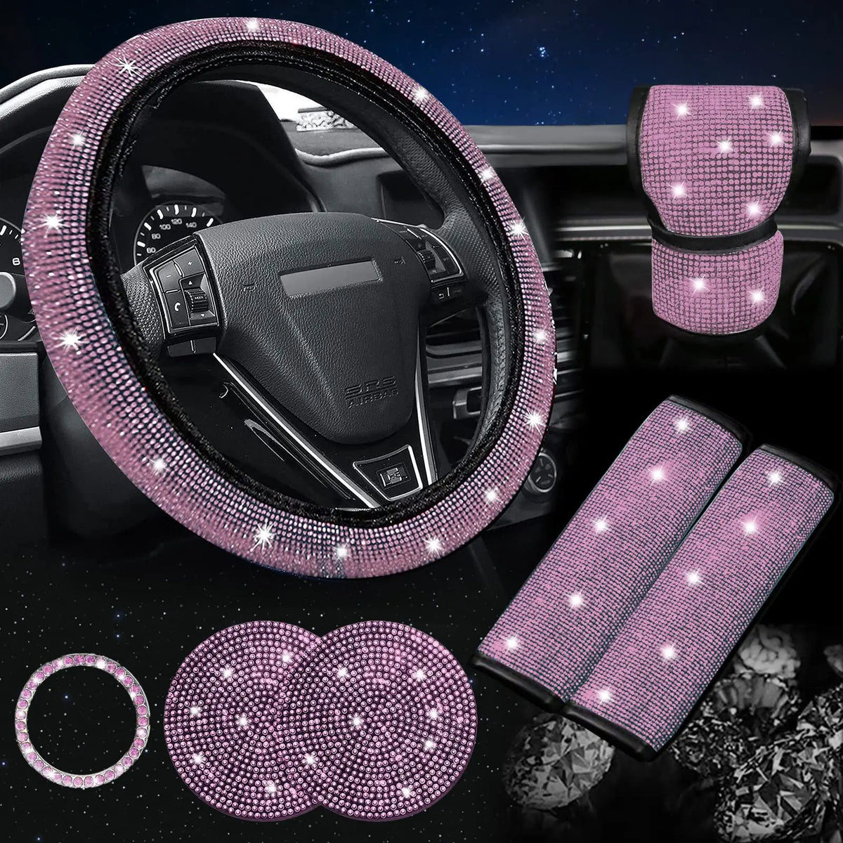 38cm Bling Car Accessories Set for Women, Rhinestone Steering Wheel Cover, Seat Belt Covers, Gear Shift Cover, Diamond Cup Coasters
