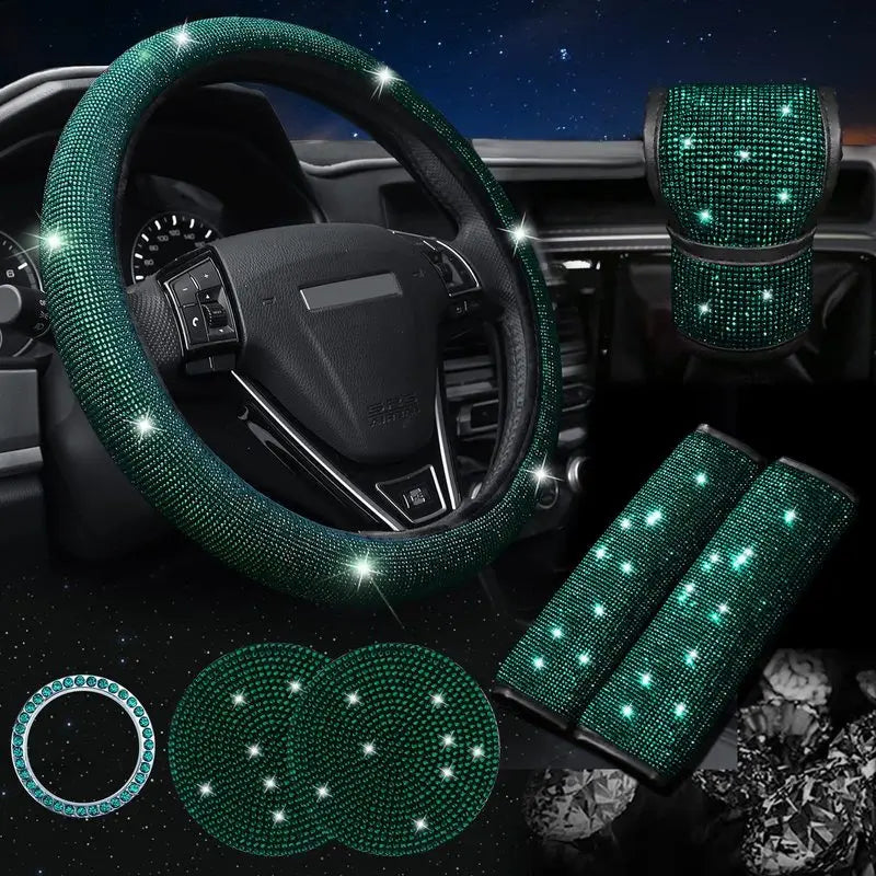 38cm Bling Car Accessories Set for Women, Rhinestone Steering Wheel Cover, Seat Belt Covers, Gear Shift Cover, Diamond Cup Coasters