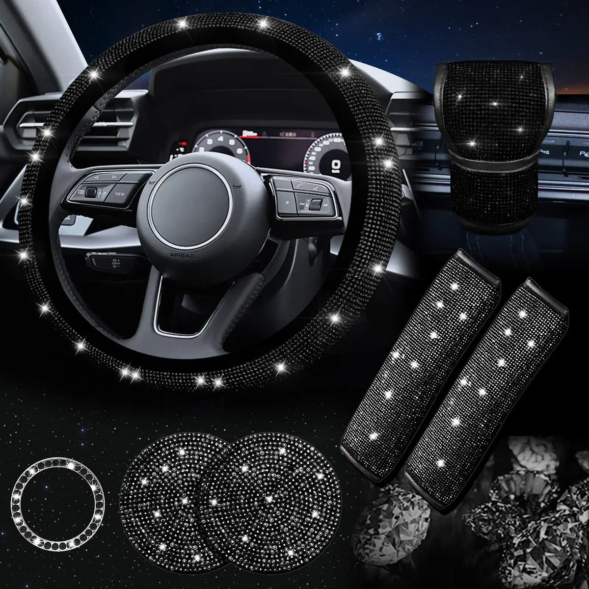 38cm Bling Car Accessories Set for Women, Rhinestone Steering Wheel Cover, Seat Belt Covers, Gear Shift Cover, Diamond Cup Coasters