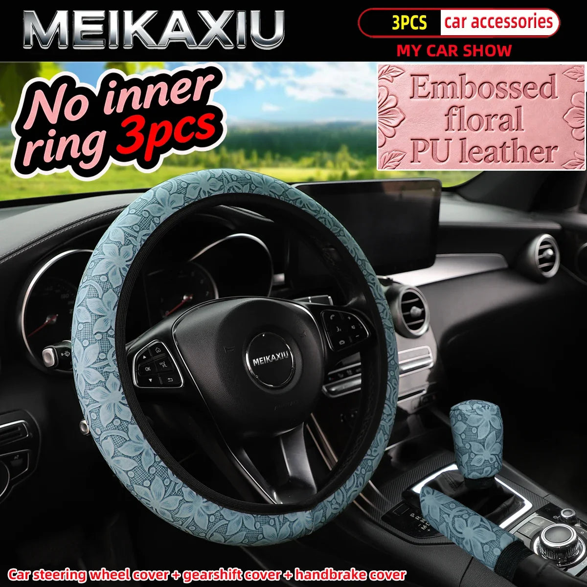 3pcs Women's Engraved Flower PU Leather Car Interior Accessories Set Steering Wheel Handbrake Gearshift Covers Auto Accessories