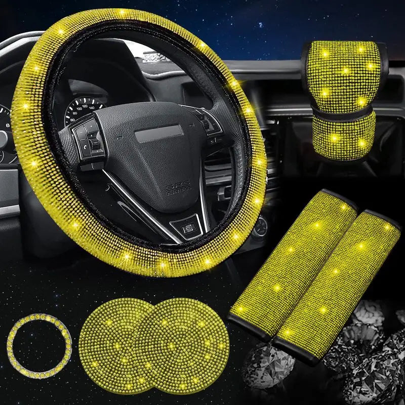 38cm Bling Car Accessories Set for Women, Rhinestone Steering Wheel Cover, Seat Belt Covers, Gear Shift Cover, Diamond Cup Coasters
