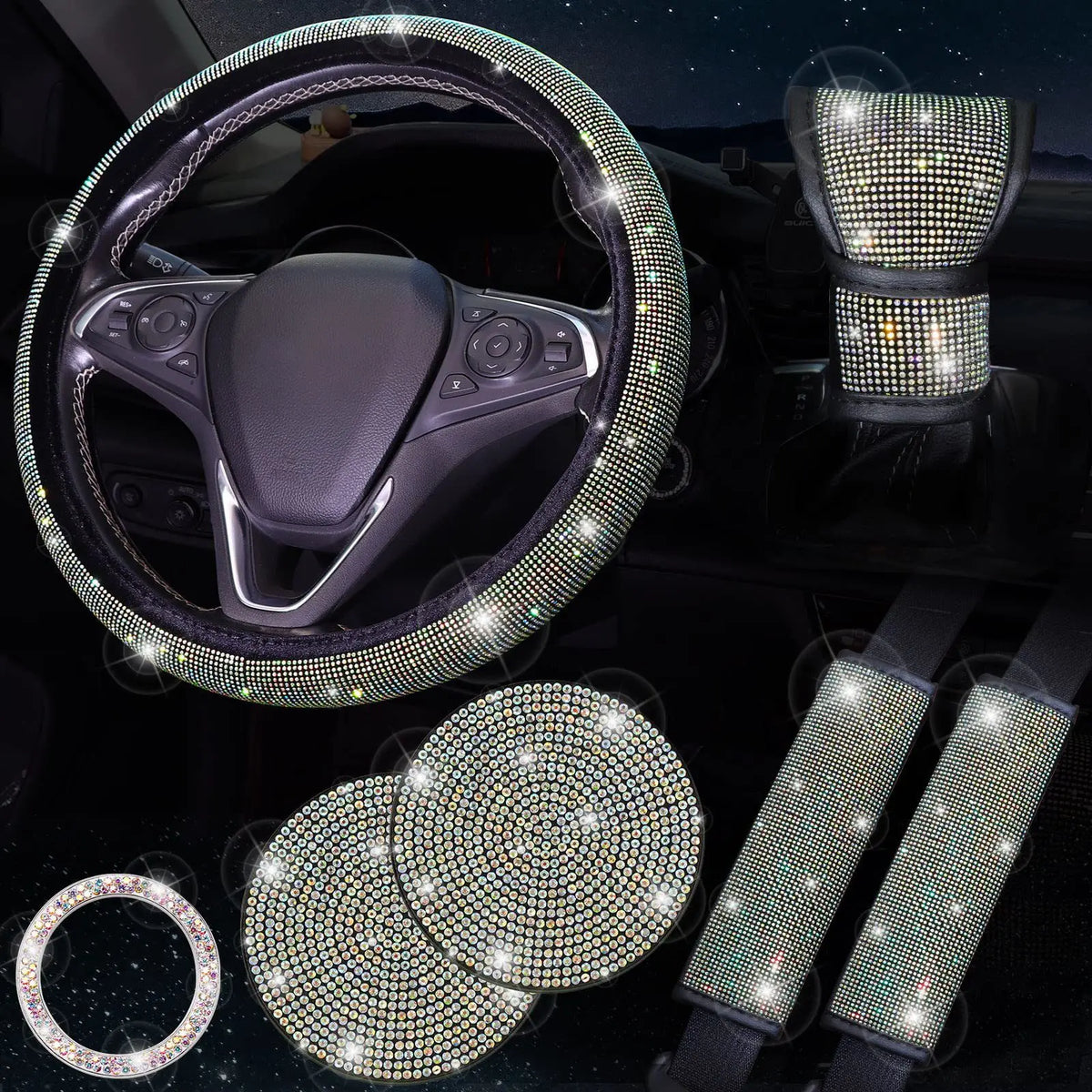 38cm Bling Car Accessories Set for Women, Rhinestone Steering Wheel Cover, Seat Belt Covers, Gear Shift Cover, Diamond Cup Coasters