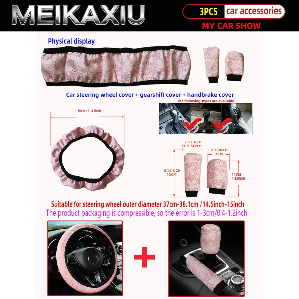 3pcs Women's Engraved Flower PU Leather Car Interior Accessories Set Steering Wheel Handbrake Gearshift Covers Auto Accessories