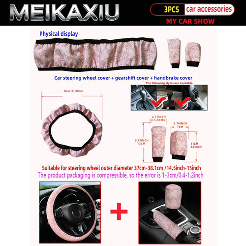 3pcs Women's Engraved Flower PU Leather Car Interior Accessories Set Steering Wheel Handbrake Gearshift Covers Auto Accessories