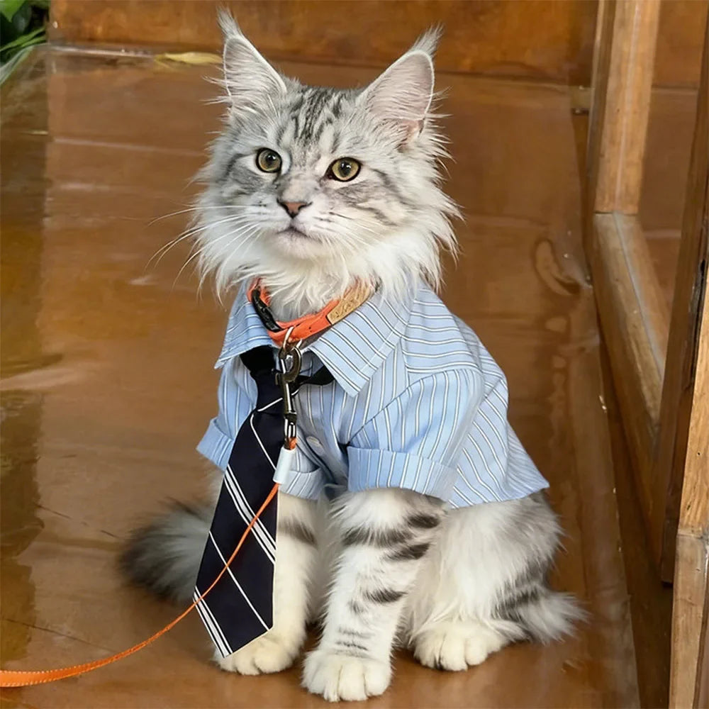 Striped Pet Shirt with Tie Gentleman College Style Soft Pet Blouse Small Medium Dog Cat Clothes Costume for Chihuahua Bichon