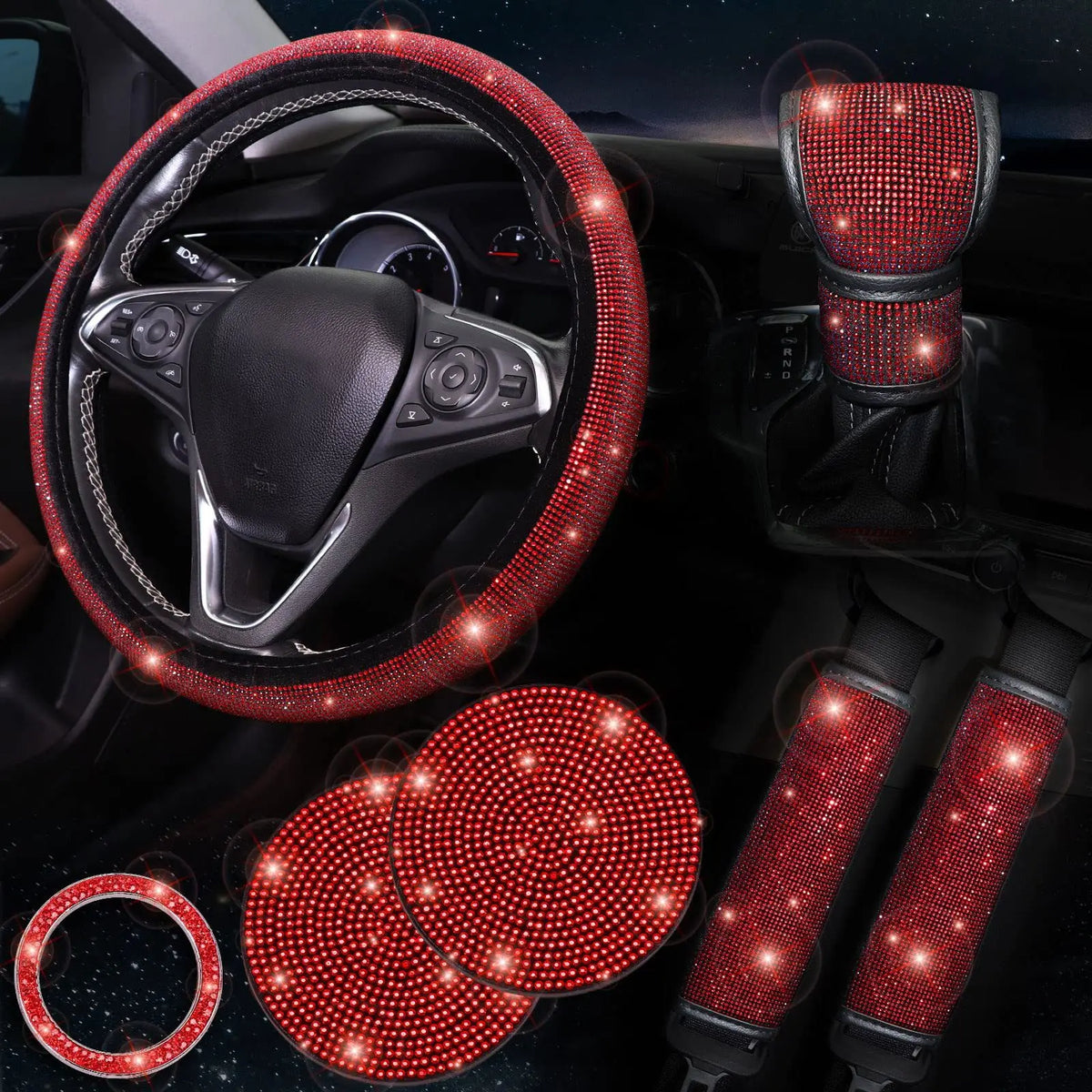 38cm Bling Car Accessories Set for Women, Rhinestone Steering Wheel Cover, Seat Belt Covers, Gear Shift Cover, Diamond Cup Coasters