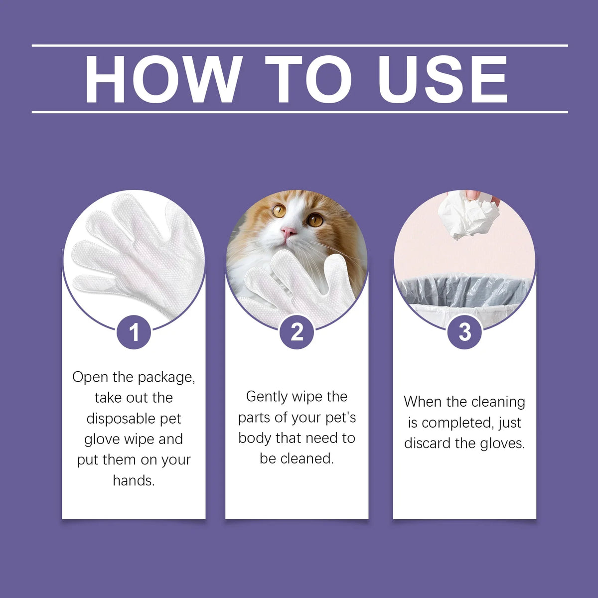 Disposable Pet Glove Wipes, No-Rinse Dirt and Bacteria Removal, Deodorizing, Long-Lasting Clean, Daily Cat and Dog Cleaning and Grooming Gloves