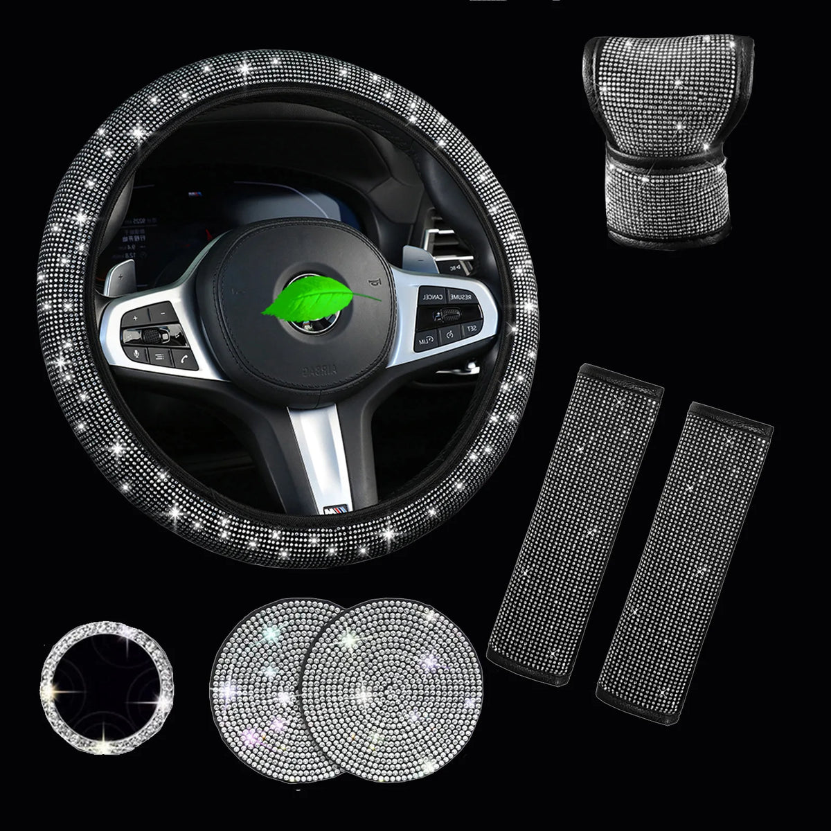 38cm Bling Car Accessories Set for Women, Rhinestone Steering Wheel Cover, Seat Belt Covers, Gear Shift Cover, Diamond Cup Coasters