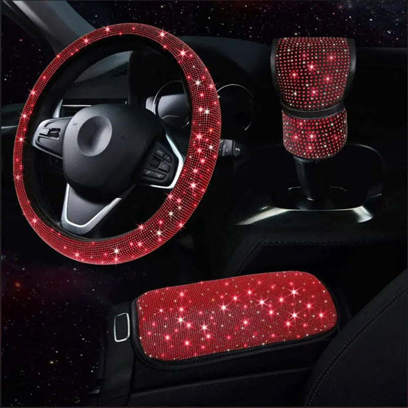 3Pcs Car Accessories Set for Women Steering Wheel Cover Gear Shift Cover Armrest Pad Mat Bling Auto Diamond Decoration Styling