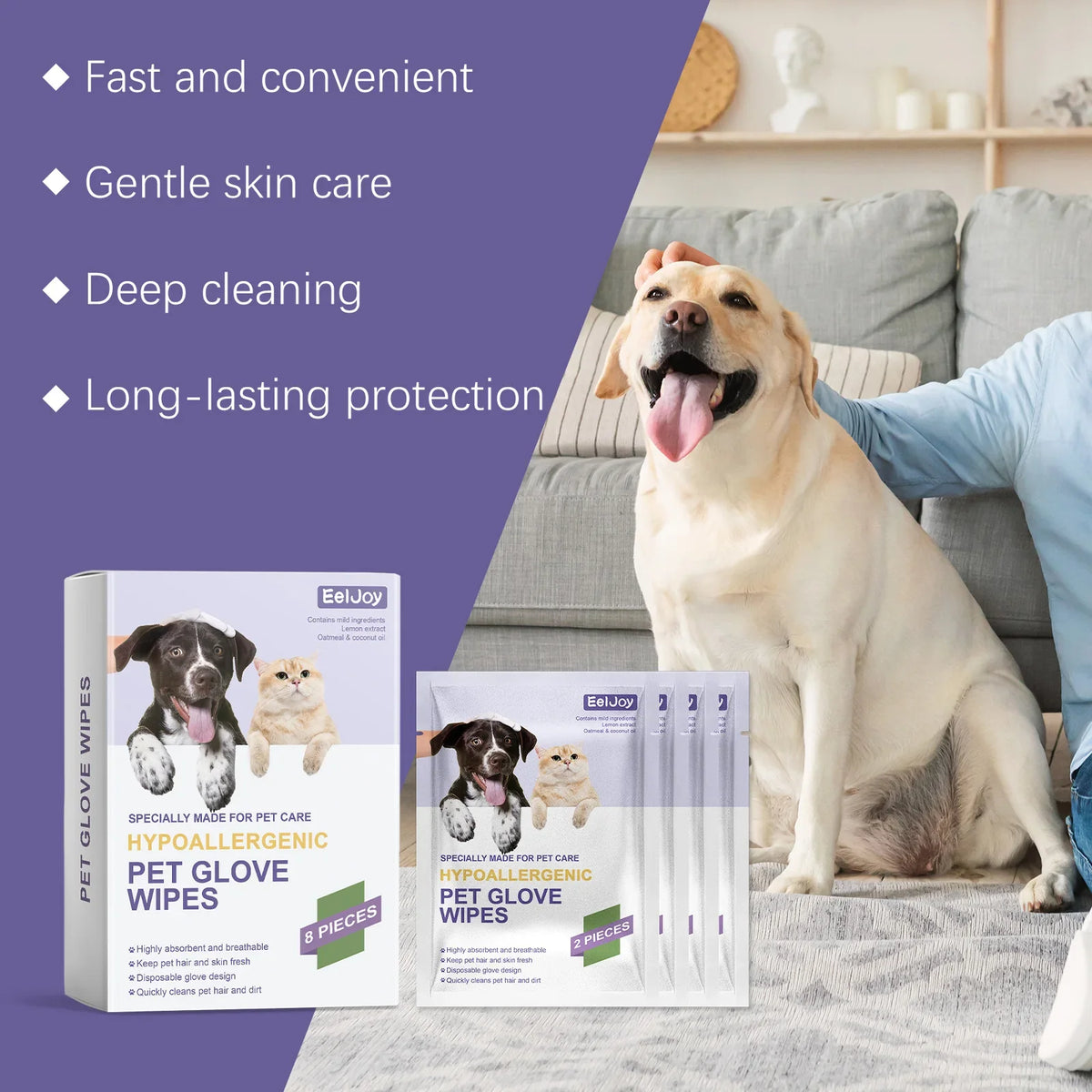 Disposable Pet Glove Wipes, No-Rinse Dirt and Bacteria Removal, Deodorizing, Long-Lasting Clean, Daily Cat and Dog Cleaning and Grooming Gloves