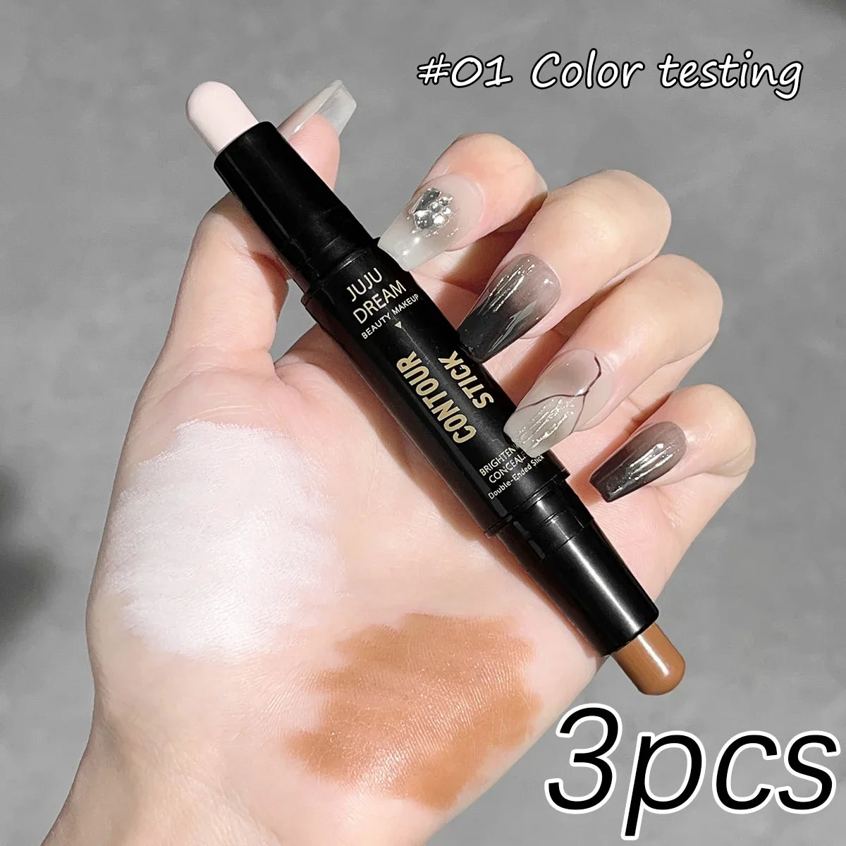 Double-ended dual-purpose highlighter and contour stick, for three-dimensional contouring, nose shading, facial sculpting, highlighting, and shading.