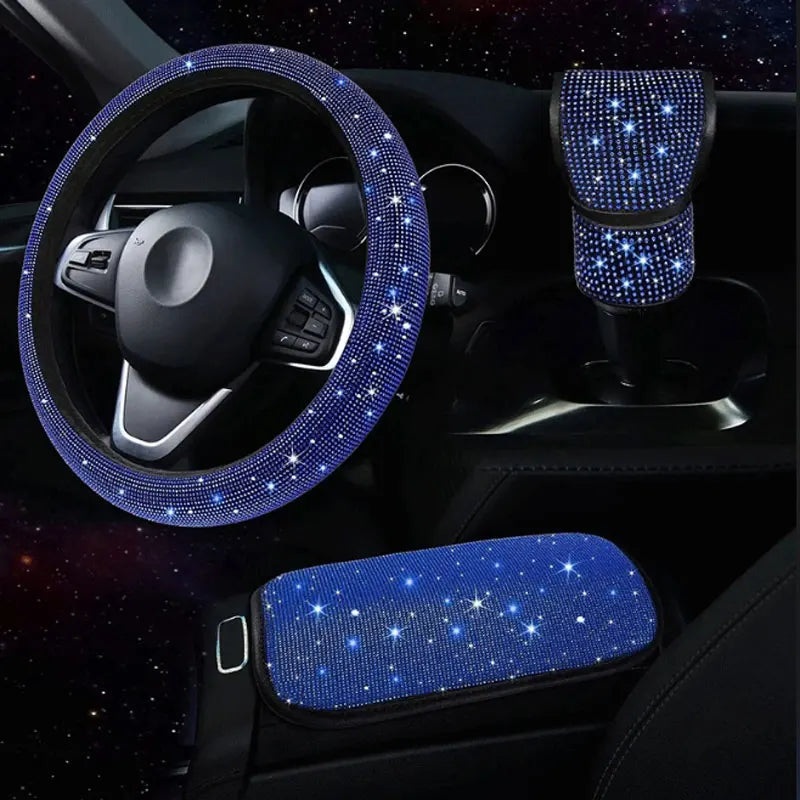 3Pcs Car Accessories Set for Women Steering Wheel Cover Gear Shift Cover Armrest Pad Mat Bling Auto Diamond Decoration Styling