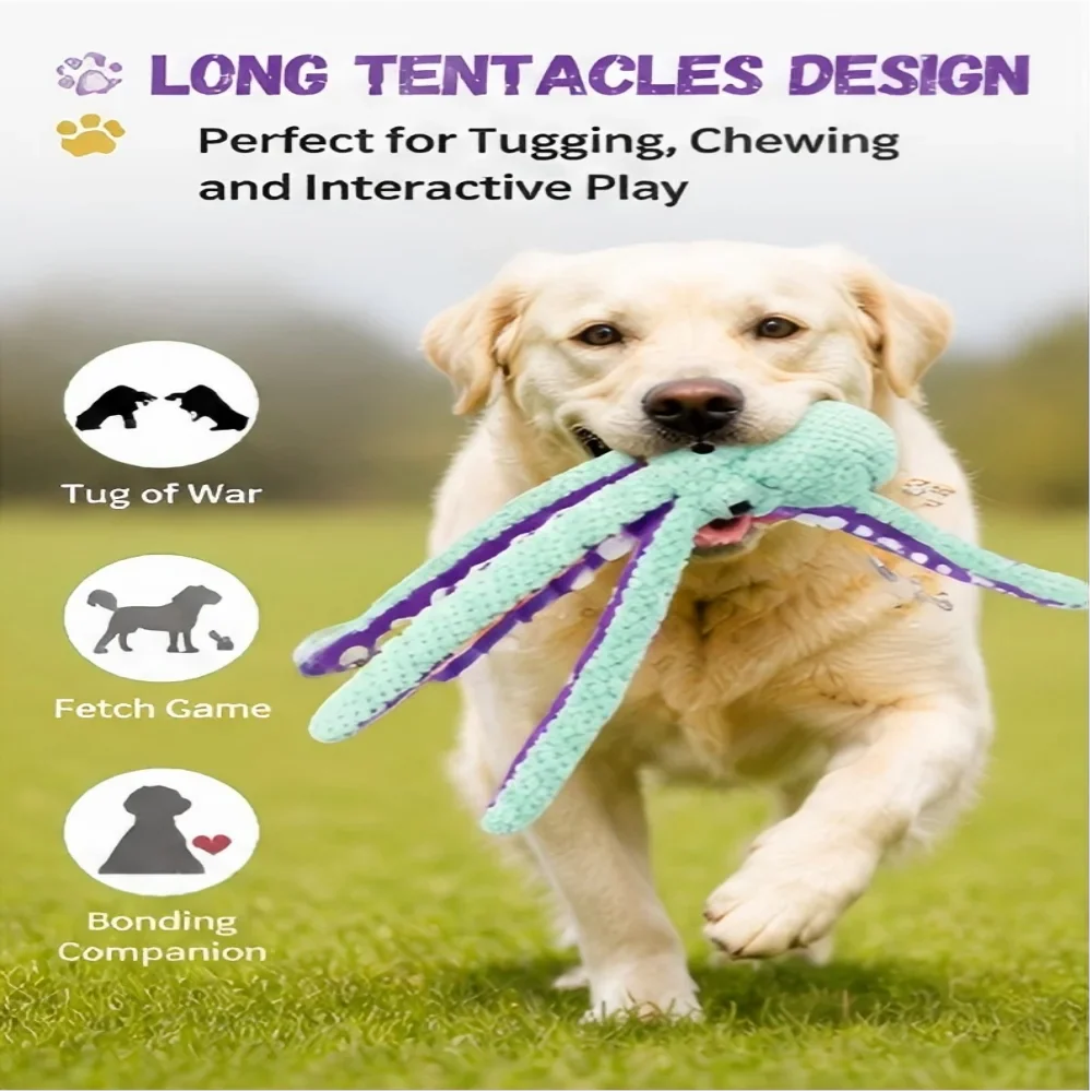 Peluche de pulpo chirriante para mascotas, juguete interactivo resistente a mordeduras, juguete masticable para perros para limpieza dental, para perros pequeños y medianos