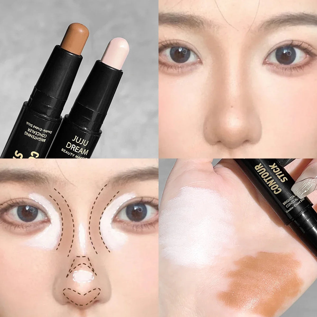 Double-ended dual-purpose highlighter and contour stick, for three-dimensional contouring, nose shading, facial sculpting, highlighting, and shading.