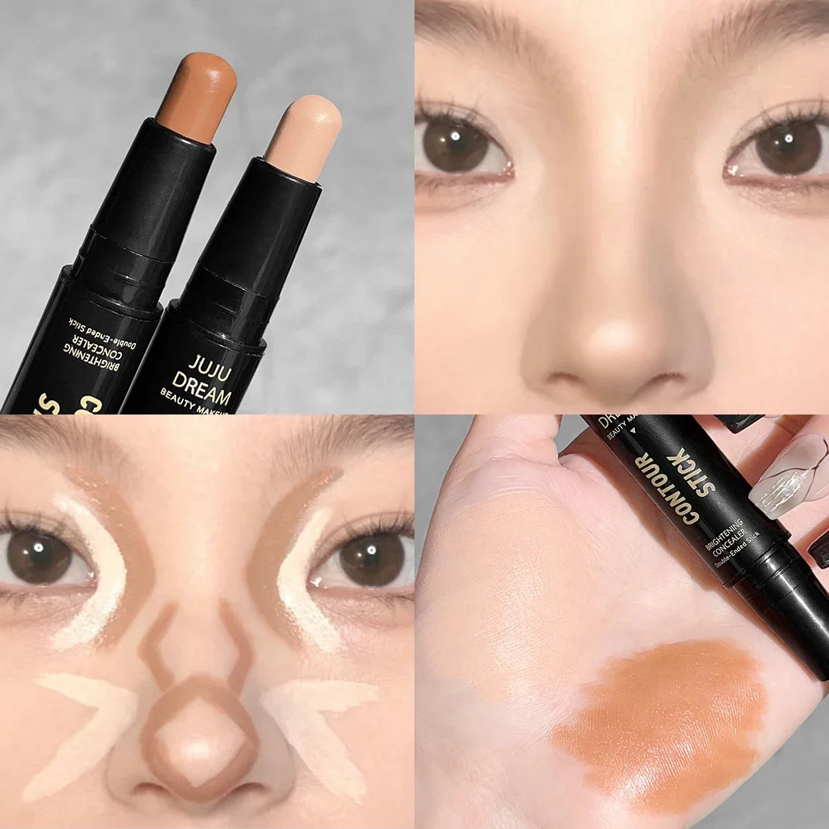 Double-ended dual-purpose highlighter and contour stick, for three-dimensional contouring, nose shading, facial sculpting, highlighting, and shading.