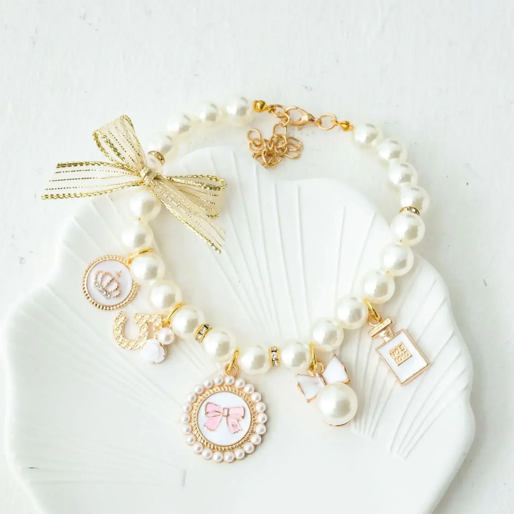 Pet Bow Pearl Collar Cat Jewelry Chihuahua Accessories Pendant Princess Necklace Dog Sweet Decorations Puppy Rhinestone Collar