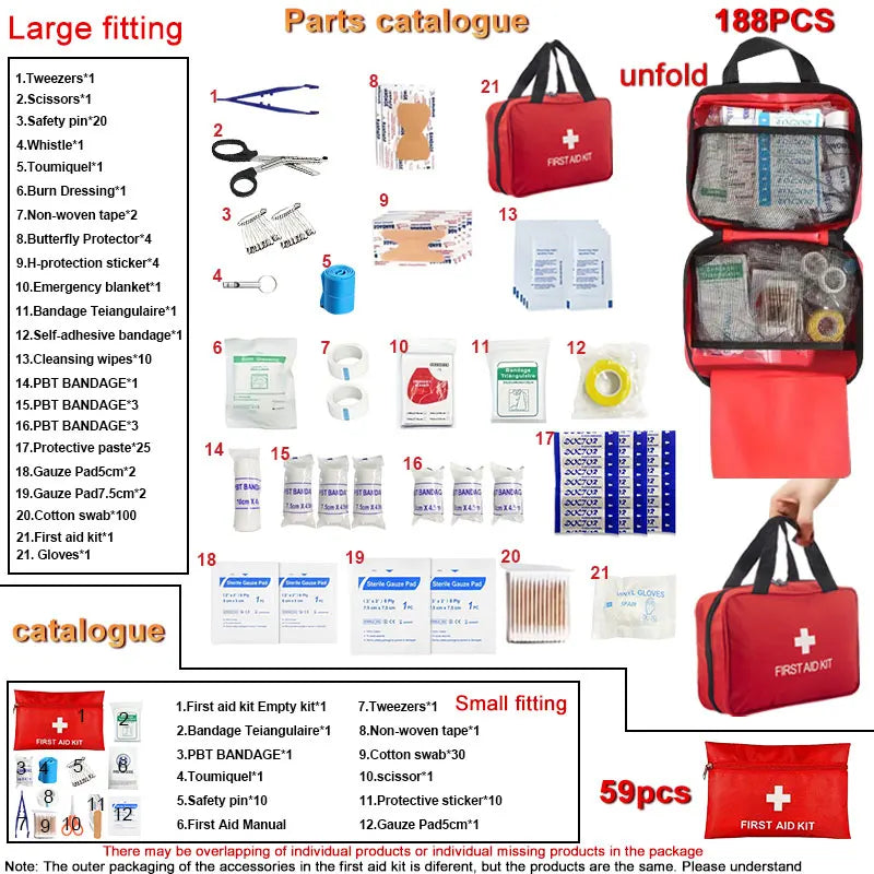 Botiquín de primeros auxilios - 188 piezas - para coche, hogar, viajes, acampada, oficina o deporte, totalmente equipado con artículos esenciales de emergencia y supervivencia