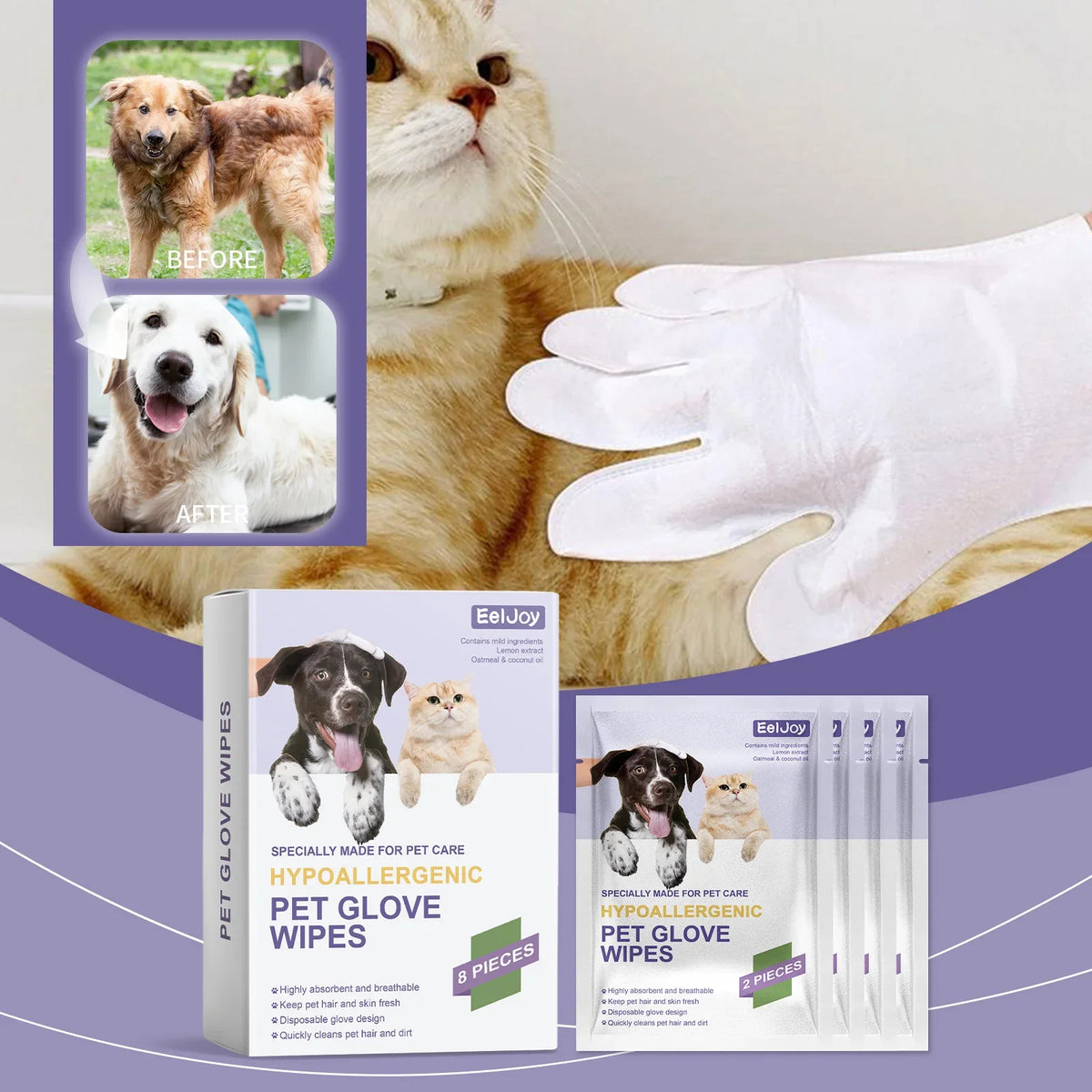 Disposable Pet Glove Wipes, No-Rinse Dirt and Bacteria Removal, Deodorizing, Long-Lasting Clean, Daily Cat and Dog Cleaning and Grooming Gloves