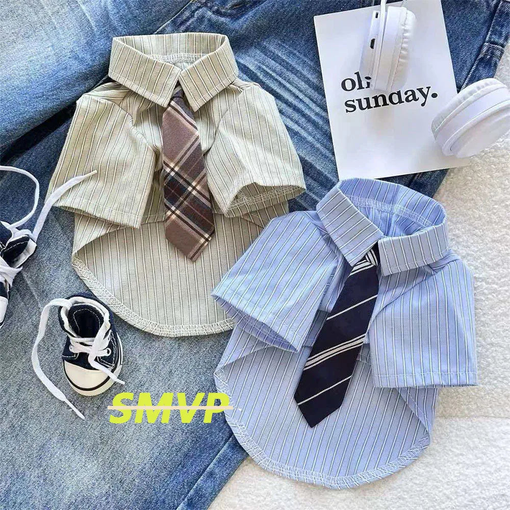 Striped Pet Shirt with Tie Gentleman College Style Soft Pet Blouse Small Medium Dog Cat Clothes Costume for Chihuahua Bichon