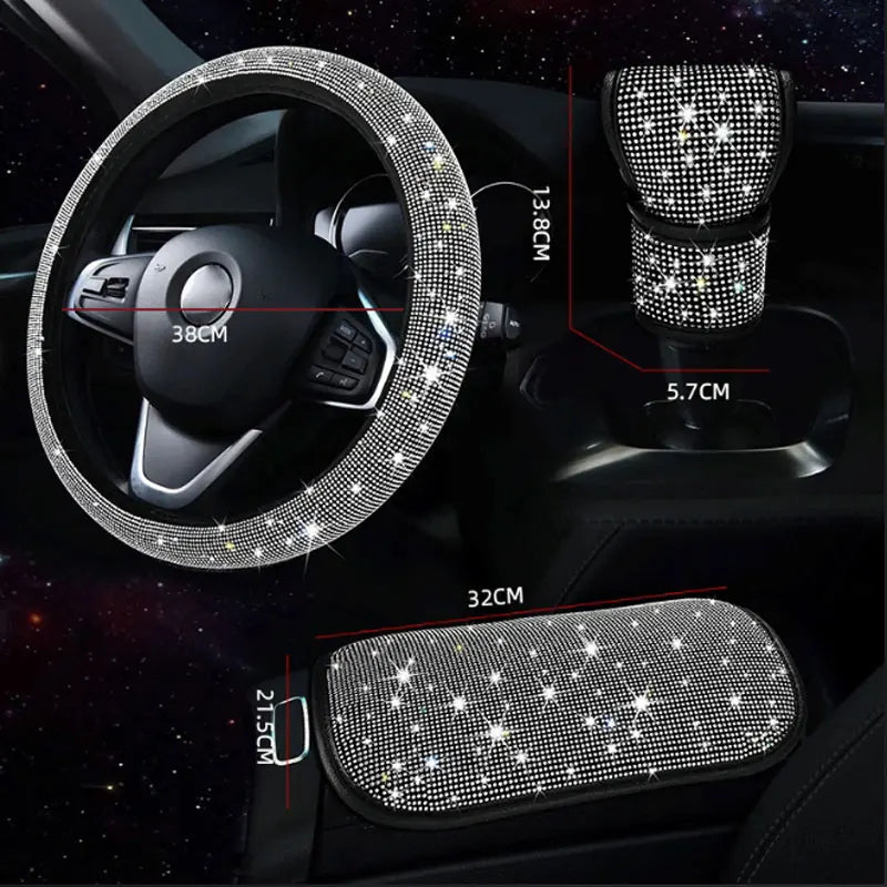 3Pcs Car Accessories Set for Women Steering Wheel Cover Gear Shift Cover Armrest Pad Mat Bling Auto Diamond Decoration Styling
