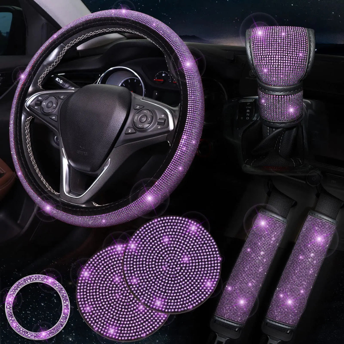 38cm Bling Car Accessories Set for Women, Rhinestone Steering Wheel Cover, Seat Belt Covers, Gear Shift Cover, Diamond Cup Coasters