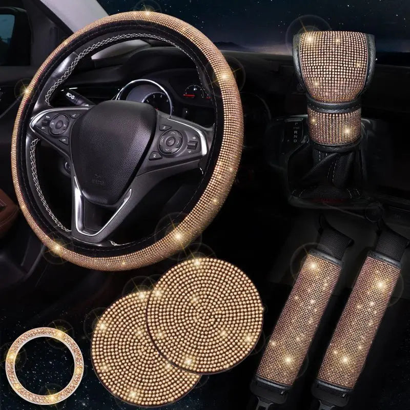 38cm Bling Car Accessories Set for Women, Rhinestone Steering Wheel Cover, Seat Belt Covers, Gear Shift Cover, Diamond Cup Coasters