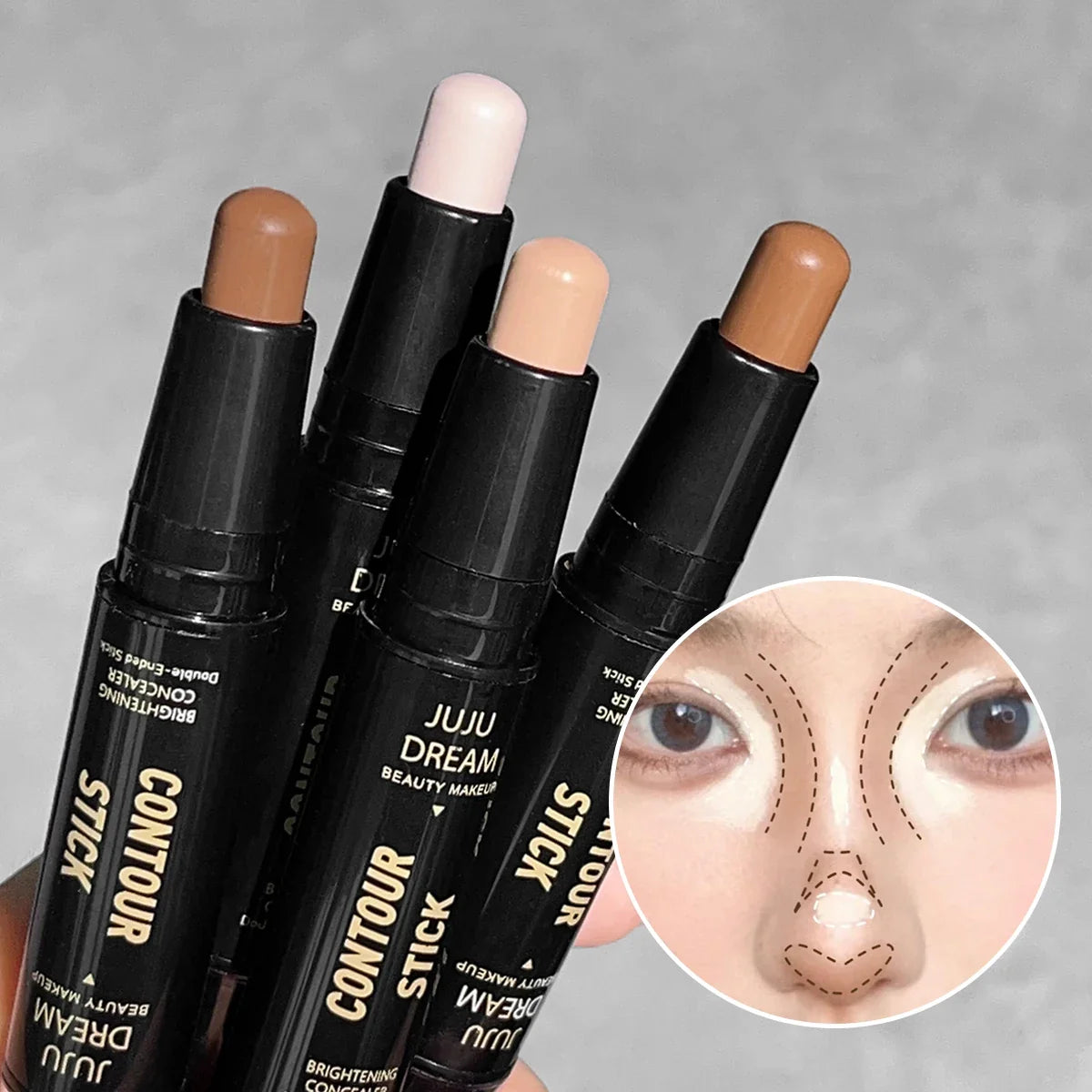 Double-ended dual-purpose highlighter and contour stick, for three-dimensional contouring, nose shading, facial sculpting, highlighting, and shading.
