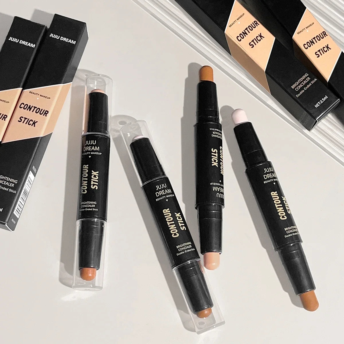 Double-ended dual-purpose highlighter and contour stick, for three-dimensional contouring, nose shading, facial sculpting, highlighting, and shading.