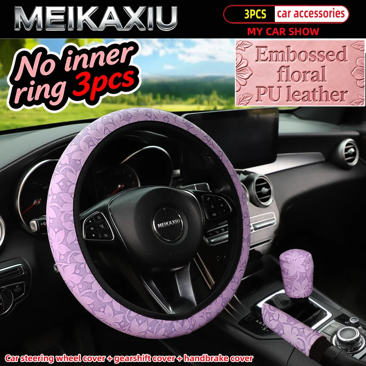 3pcs Women's Engraved Flower PU Leather Car Interior Accessories Set Steering Wheel Handbrake Gearshift Covers Auto Accessories