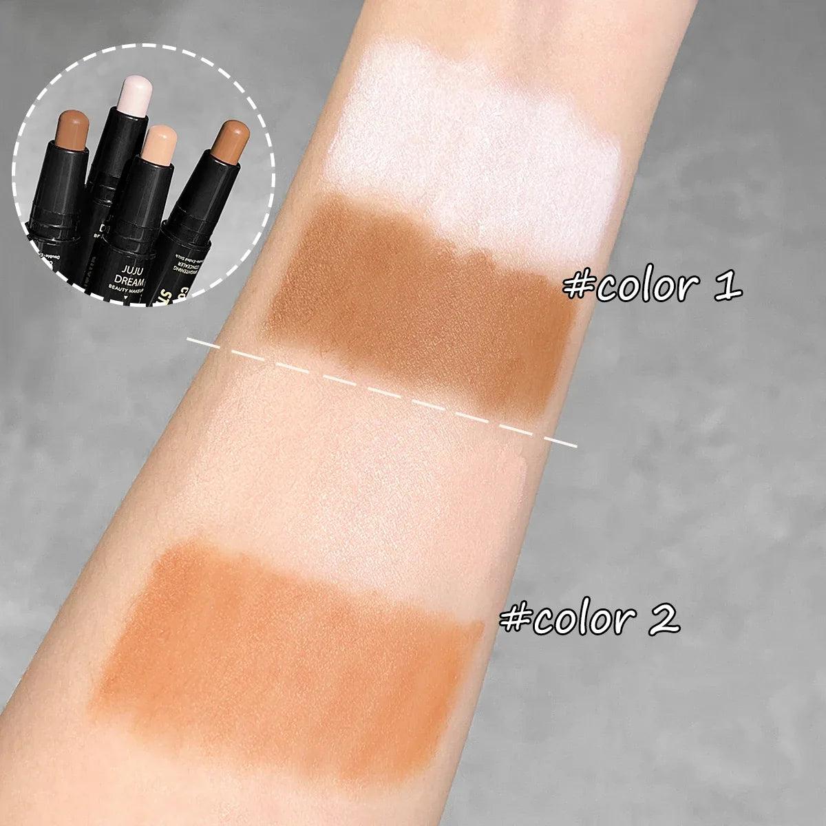 Double-ended dual-purpose highlighter and contour stick, for three-dimensional contouring, nose shading, facial sculpting, highlighting, and shading.
