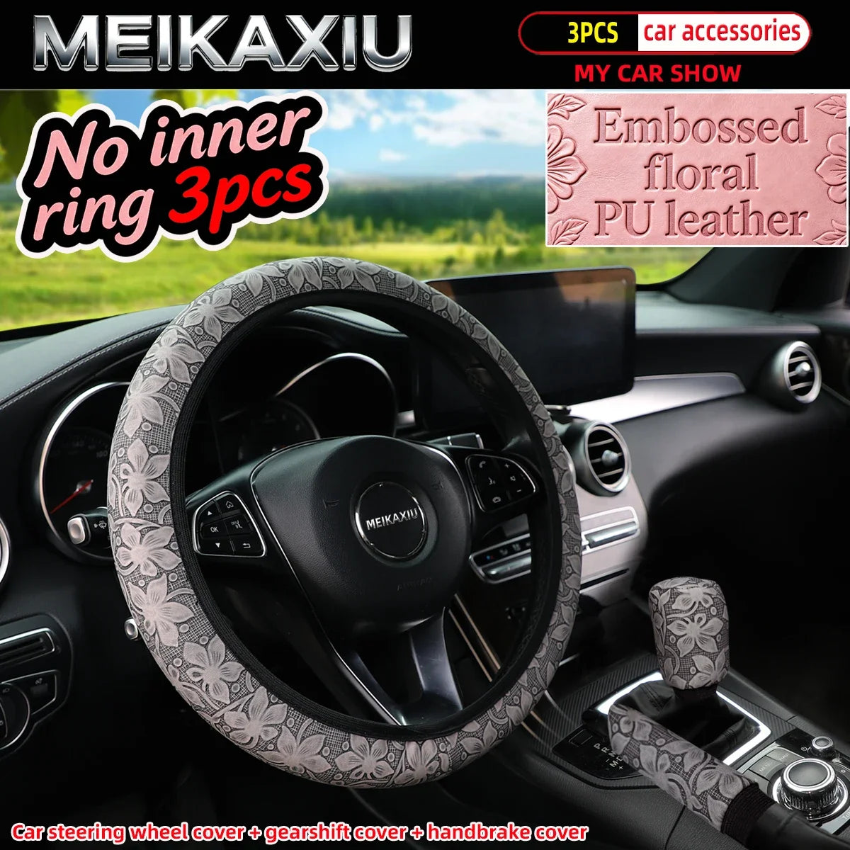 3pcs Women's Engraved Flower PU Leather Car Interior Accessories Set Steering Wheel Handbrake Gearshift Covers Auto Accessories