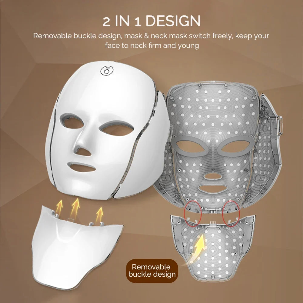 LED Facial Mask with Neck 7 Colors Light Therapy Red Light Facial Mask for Anti-Aging Rejuvenation Brighten Skin Beauty Device