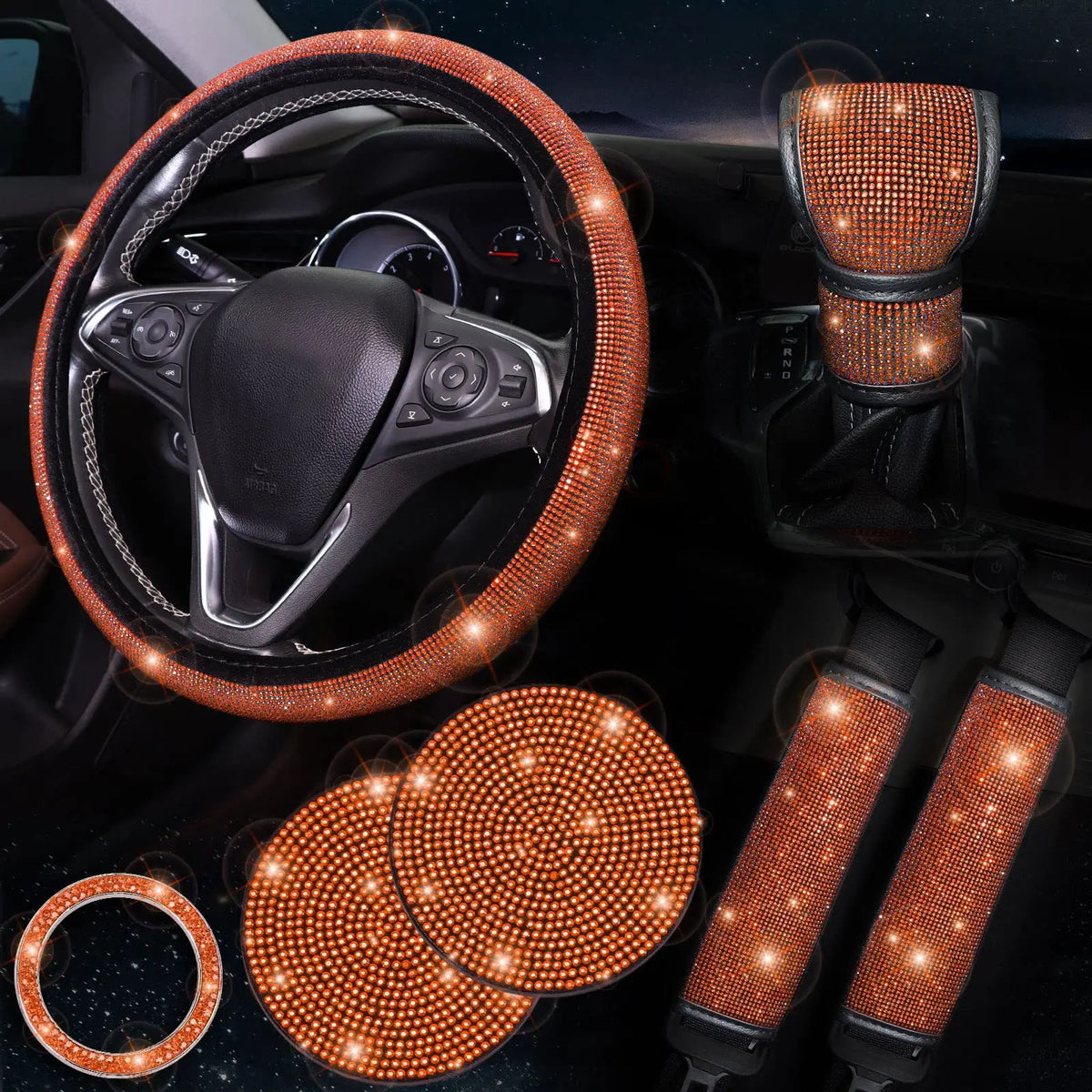 38cm Bling Car Accessories Set for Women, Rhinestone Steering Wheel Cover, Seat Belt Covers, Gear Shift Cover, Diamond Cup Coasters