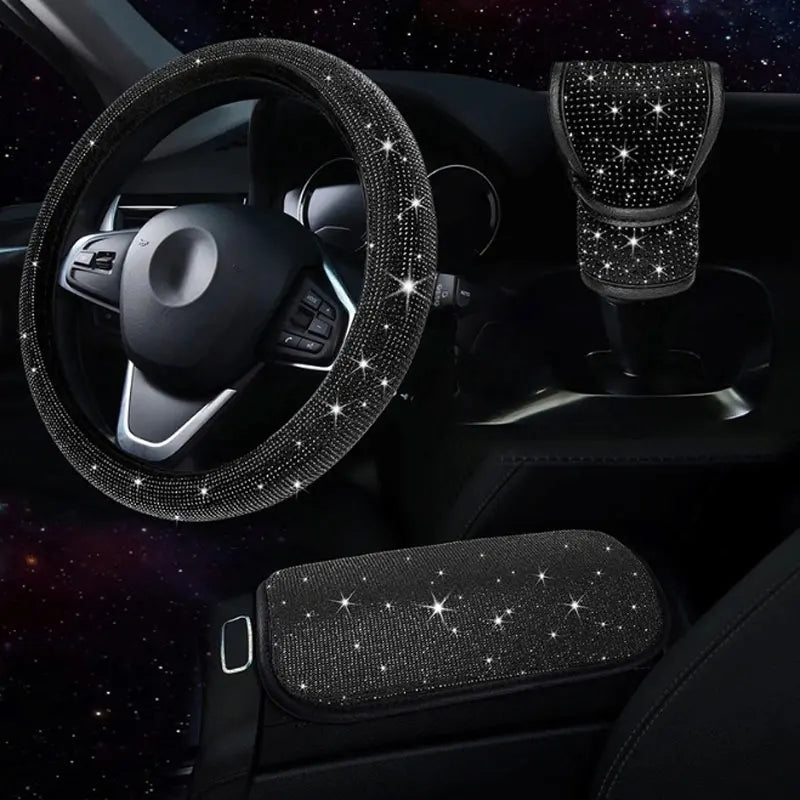 3Pcs Car Accessories Set for Women Steering Wheel Cover Gear Shift Cover Armrest Pad Mat Bling Auto Diamond Decoration Styling