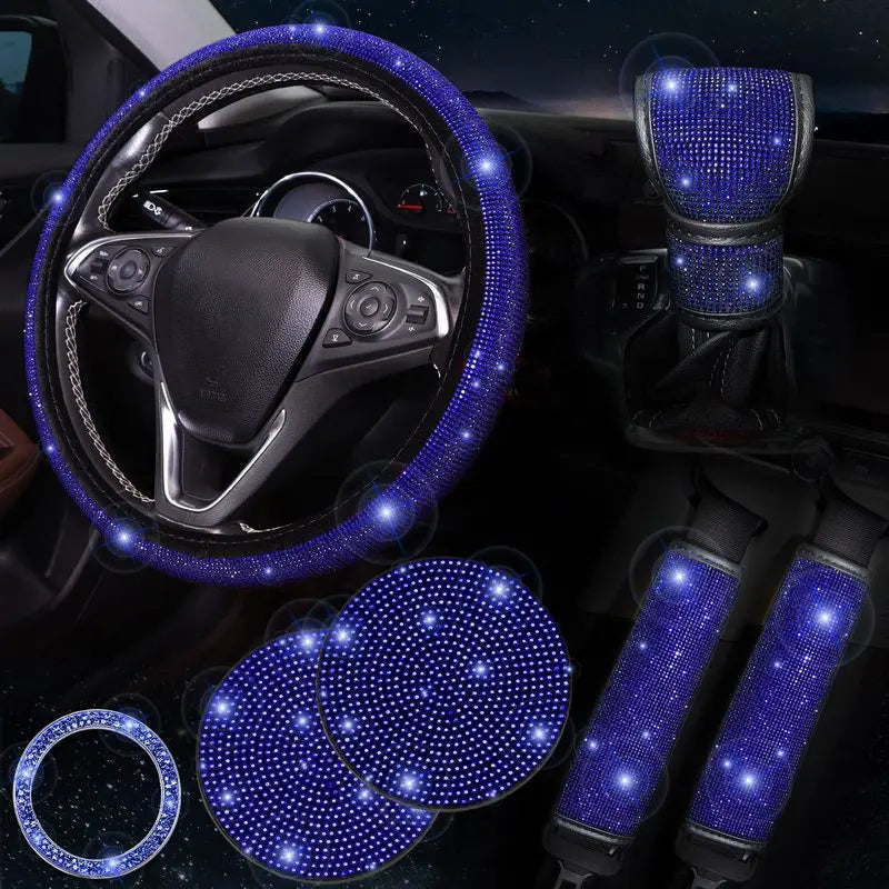 38cm Bling Car Accessories Set for Women, Rhinestone Steering Wheel Cover, Seat Belt Covers, Gear Shift Cover, Diamond Cup Coasters