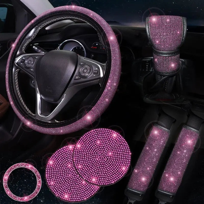 38cm Bling Car Accessories Set for Women, Rhinestone Steering Wheel Cover, Seat Belt Covers, Gear Shift Cover, Diamond Cup Coasters