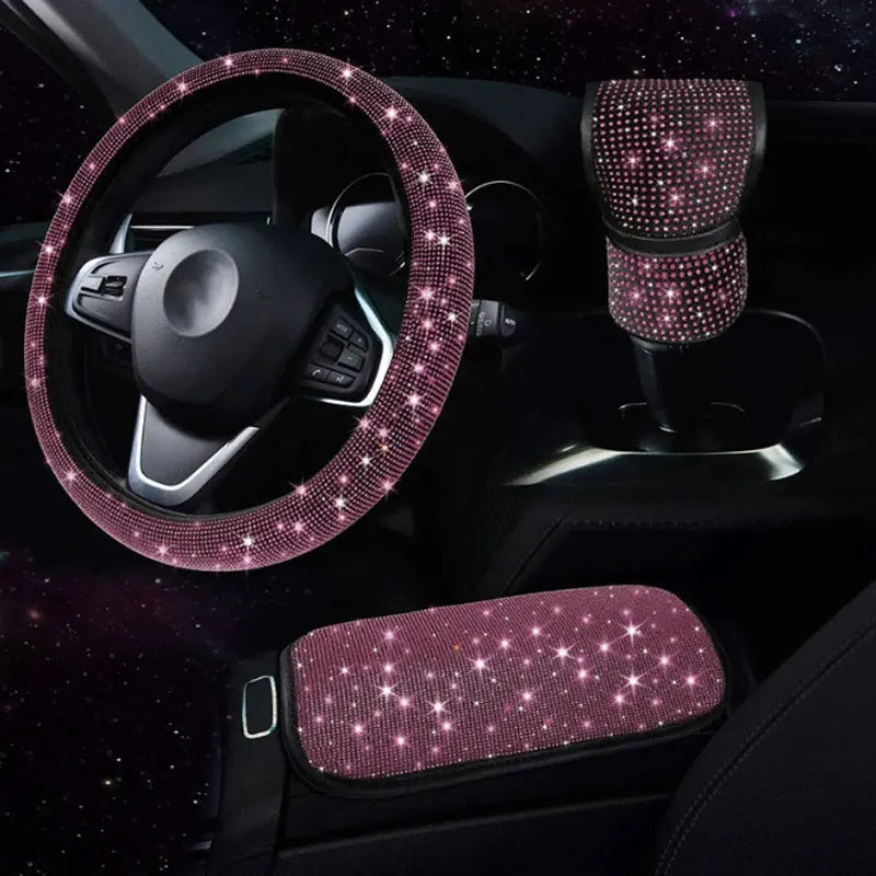 3Pcs Car Accessories Set for Women Steering Wheel Cover Gear Shift Cover Armrest Pad Mat Bling Auto Diamond Decoration Styling