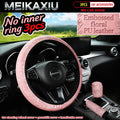 3pcs Women's Engraved Flower PU Leather Car Interior Accessories Set Steering Wheel Handbrake Gearshift Covers Auto Accessories