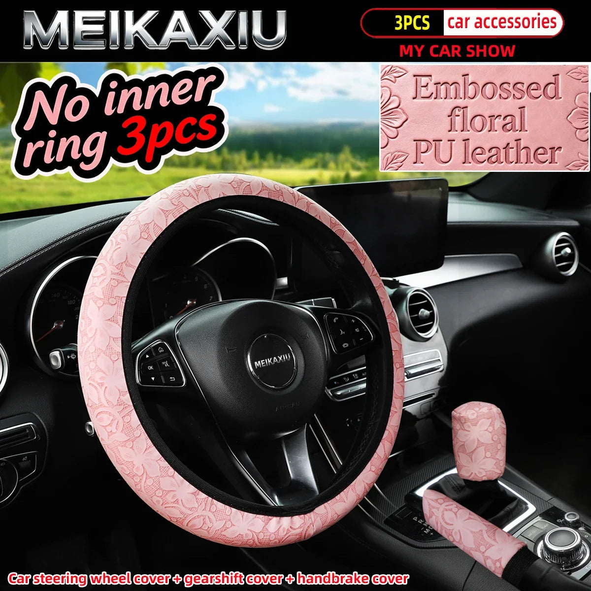 3pcs Women's Engraved Flower PU Leather Car Interior Accessories Set Steering Wheel Handbrake Gearshift Covers Auto Accessories