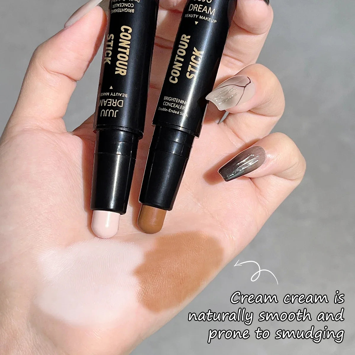 Double-ended dual-purpose highlighter and contour stick, for three-dimensional contouring, nose shading, facial sculpting, highlighting, and shading.