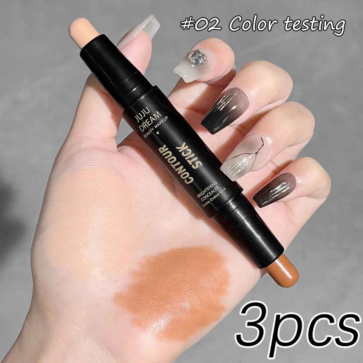 Double-ended dual-purpose highlighter and contour stick, for three-dimensional contouring, nose shading, facial sculpting, highlighting, and shading.
